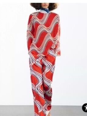 NWT Zara Red, White & Navy Swirl Wide-Leg Silk Pants Size XL